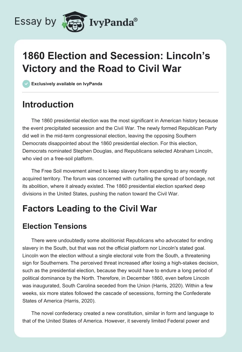 1860 Election and Secession: Lincoln’s Victory and the Road to Civil War. Page 1