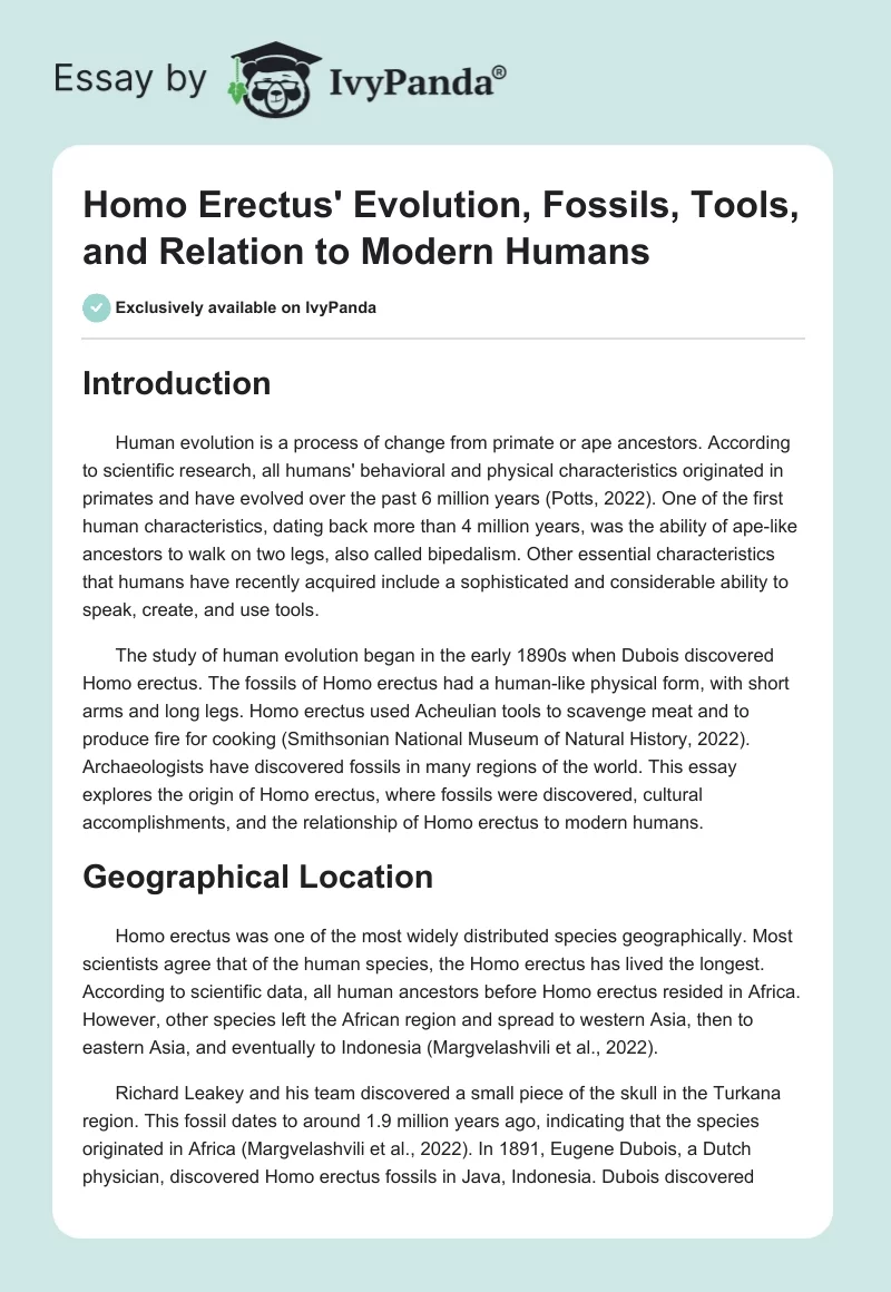 Homo Erectus' Evolution, Fossils, Tools, and Relation to Modern Humans. Page 1