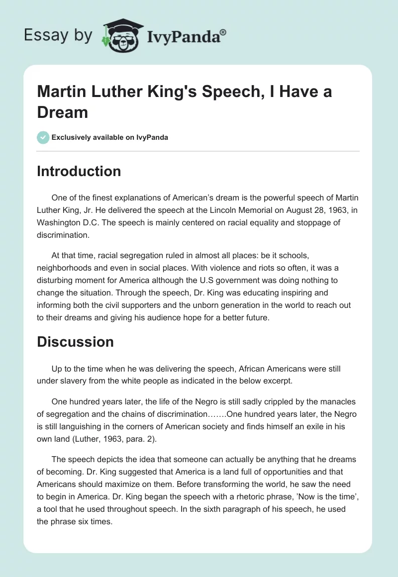 Essay on Martin Luther King’s I Have a Dream Speech. Page 1