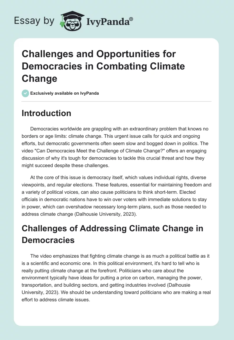 Challenges and Opportunities for Democracies in Combating Climate Change. Page 1