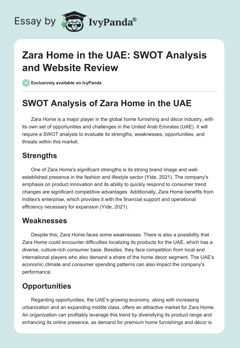 Zara Home in the UAE: SWOT Analysis and Website Review. Page 1