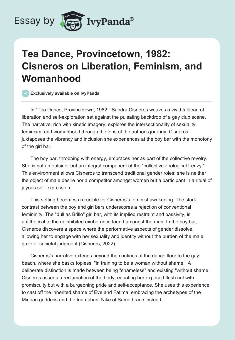 Tea Dance, Provincetown, 1982: Cisneros on Liberation, Feminism, and Womanhood. Page 1