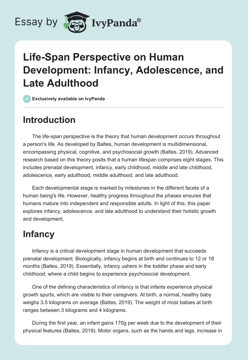 Life-Span Perspective on Human Development: Infancy, Adolescence, and Late Adulthood. Page 1