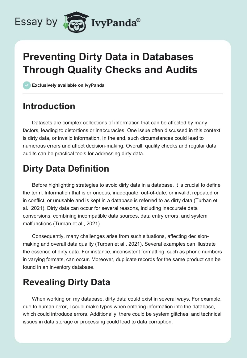 Preventing Dirty Data in Databases Through Quality Checks and Audits. Page 1