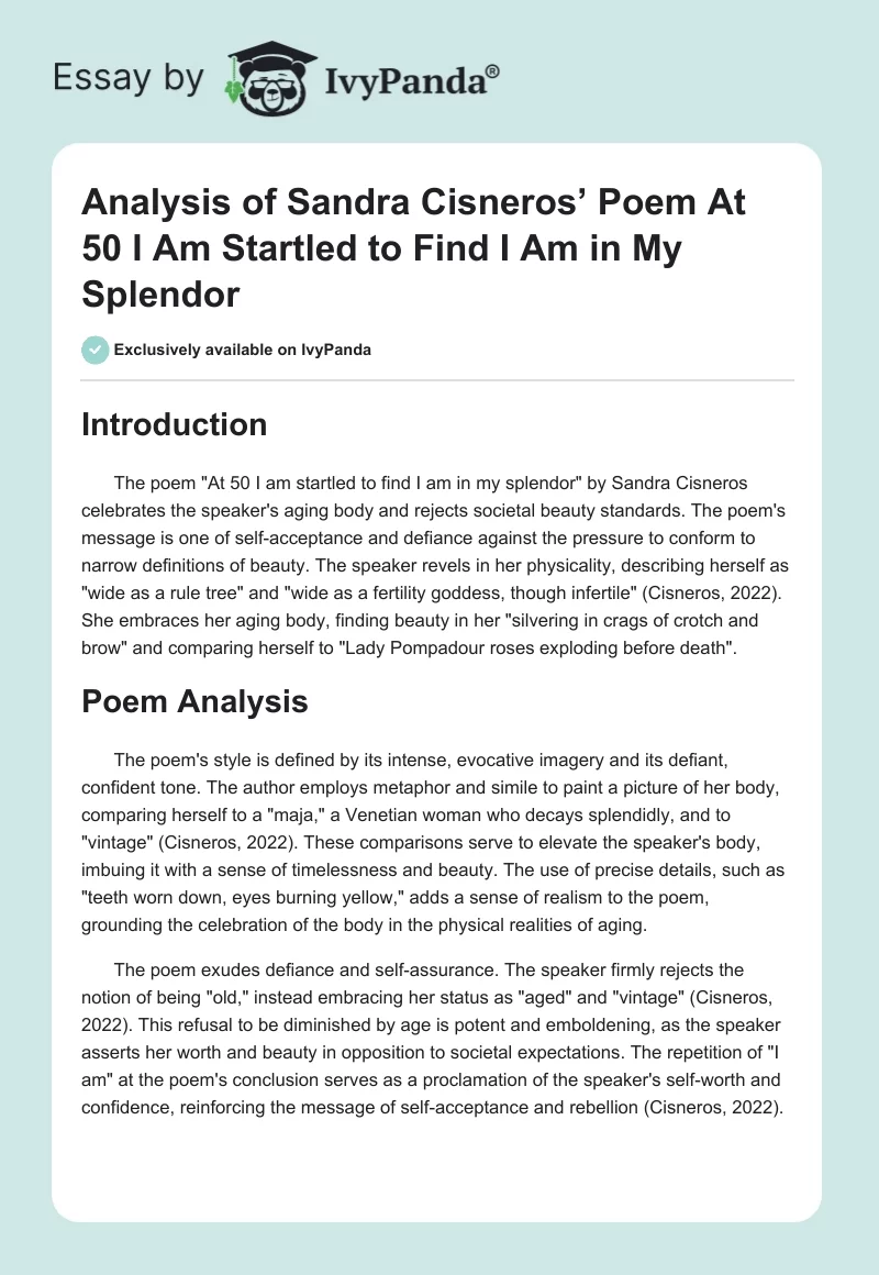 Analysis of Sandra Cisneros’ Poem "At 50 I Am Startled to Find I Am in My Splendor". Page 1