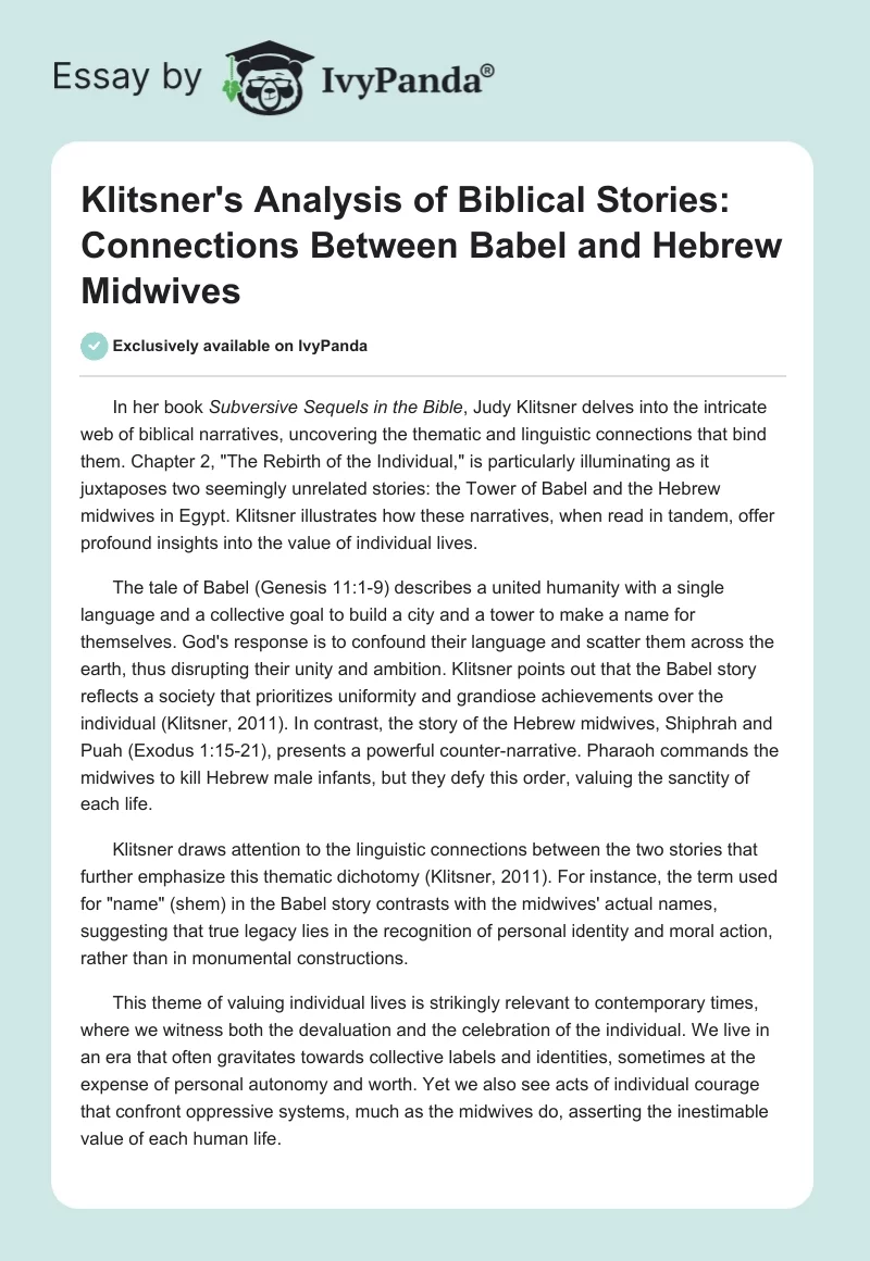 Klitsner's Analysis of Biblical Stories: Connections Between Babel and Hebrew Midwives. Page 1