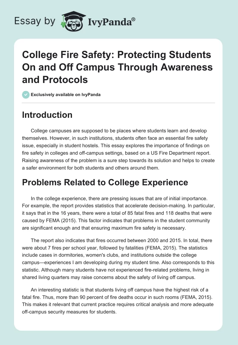 College Fire Safety: Protecting Students On and Off Campus Through Awareness and Protocols. Page 1