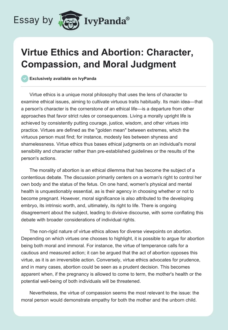 Virtue Ethics and Abortion: Character, Compassion, and Moral Judgment. Page 1