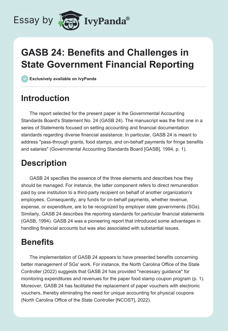 GASB 24: Benefits and Challenges in State Government Financial Reporting. Page 1