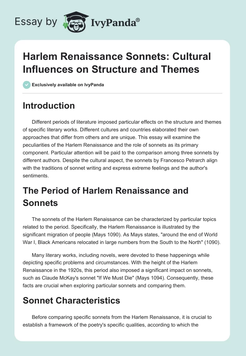 Harlem Renaissance Sonnets: Cultural Influences on Structure and Themes. Page 1