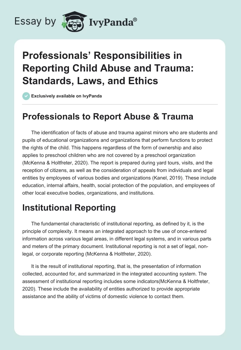 Professionals’ Responsibilities in Reporting Child Abuse and Trauma: Standards, Laws, and Ethics. Page 1