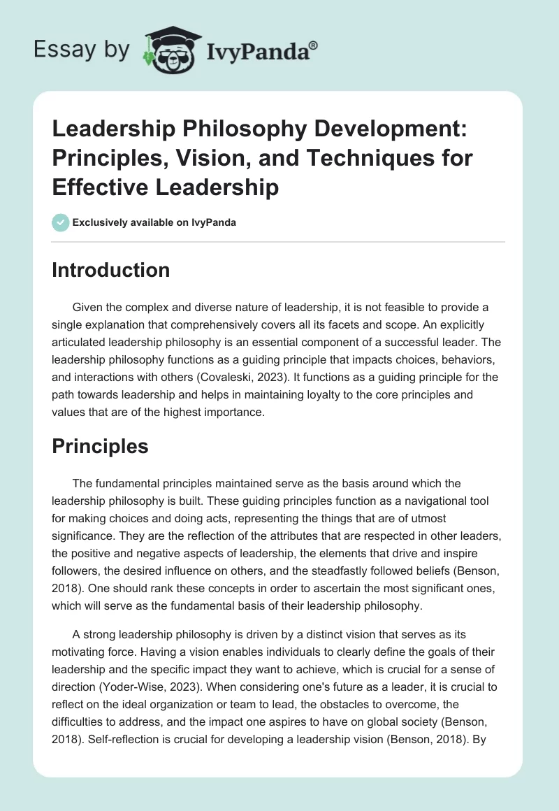 Leadership Philosophy Development: Principles, Vision, and Techniques for Effective Leadership. Page 1