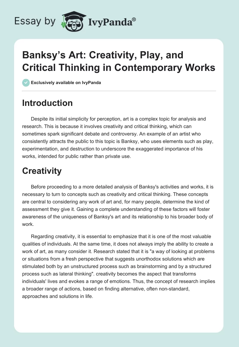 Banksy’s Art: Creativity, Play, and Critical Thinking in Contemporary Works. Page 1