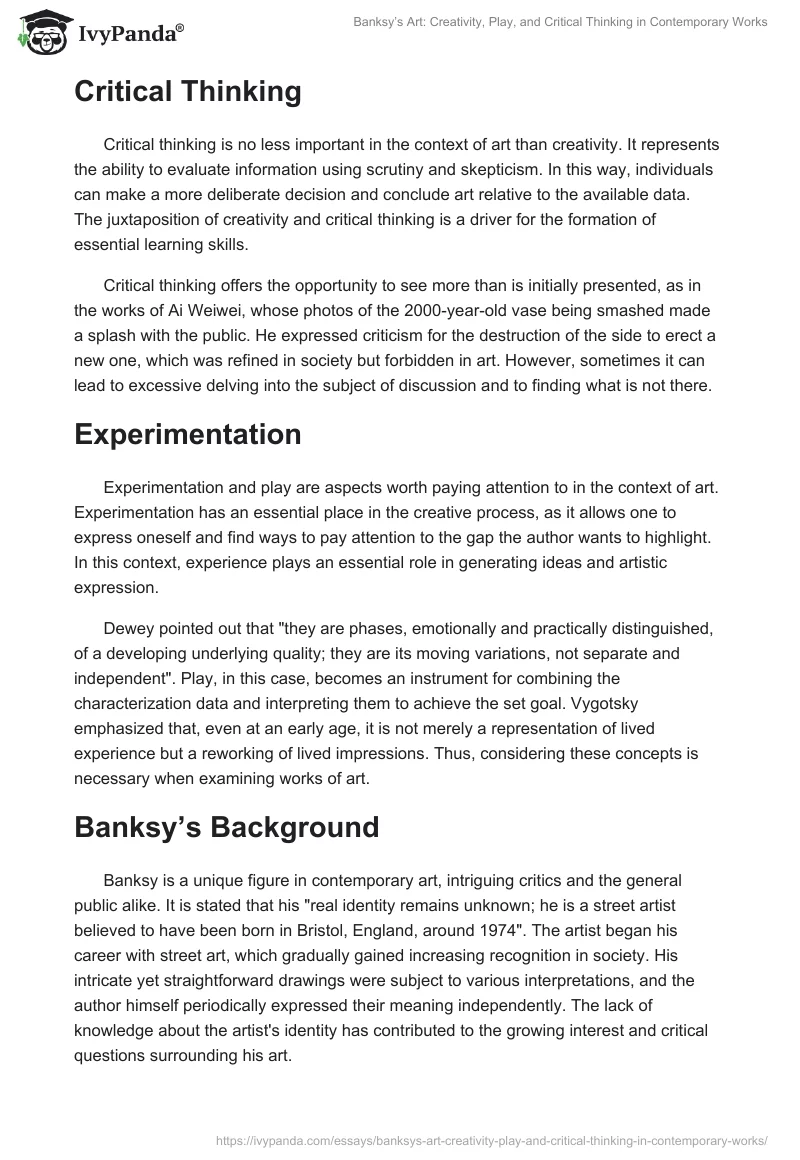 Banksy’s Art: Creativity, Play, and Critical Thinking in Contemporary Works. Page 2