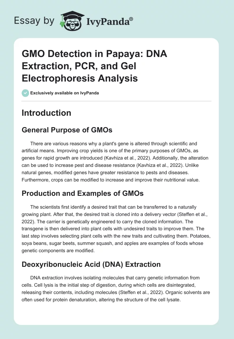 GMO Detection in Papaya: DNA Extraction, PCR, and Gel Electrophoresis Analysis. Page 1
