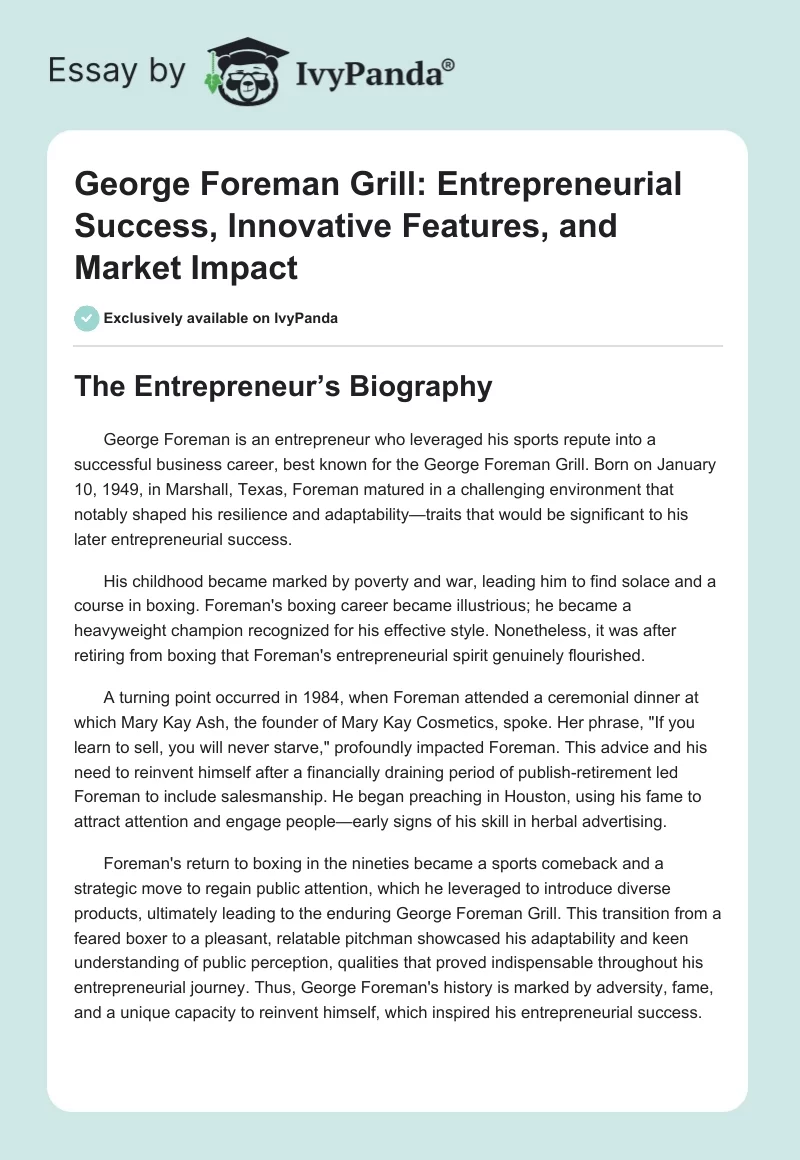 George Foreman Grill: Entrepreneurial Success, Innovative Features, and Market Impact. Page 1
