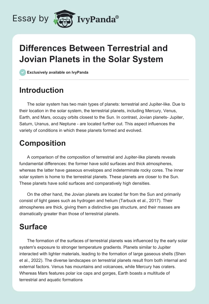 Differences Between Terrestrial and Jovian Planets in the Solar System. Page 1