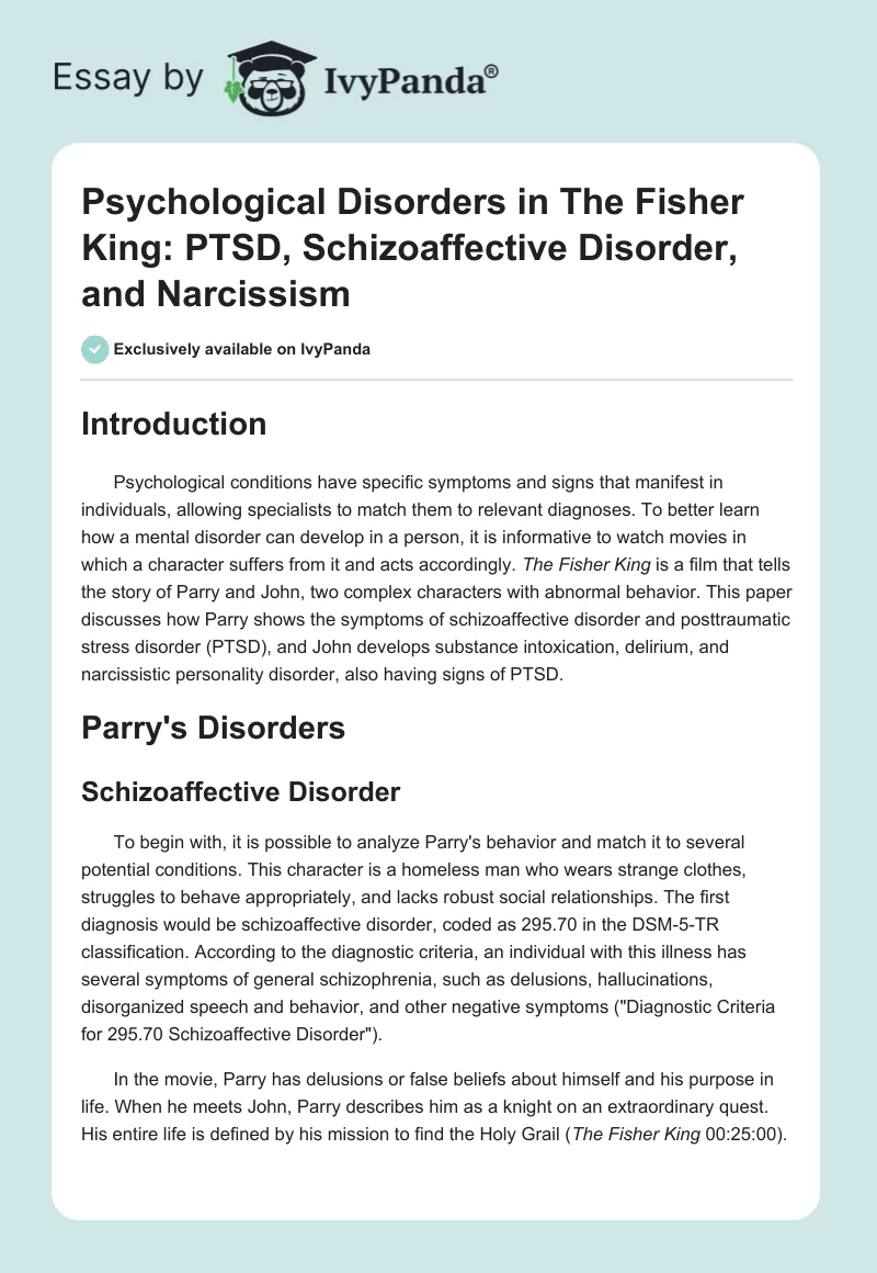 Psychological Disorders in The Fisher King: PTSD, Schizoaffective Disorder, and Narcissism. Page 1