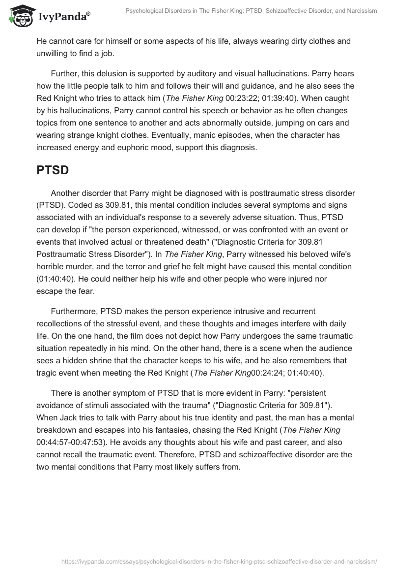 Psychological Disorders in The Fisher King: PTSD, Schizoaffective Disorder, and Narcissism. Page 2