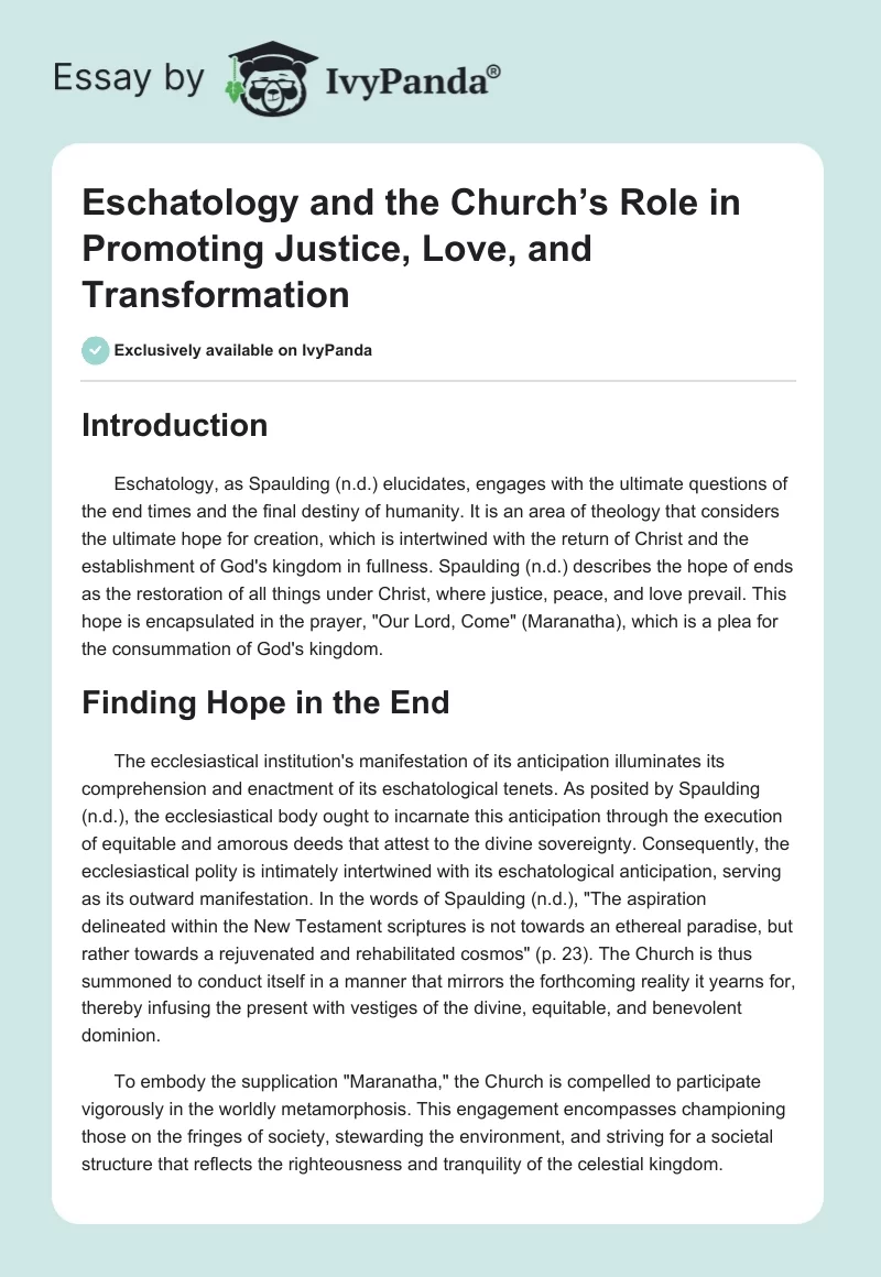 Eschatology and the Church’s Role in Promoting Justice, Love, and Transformation. Page 1