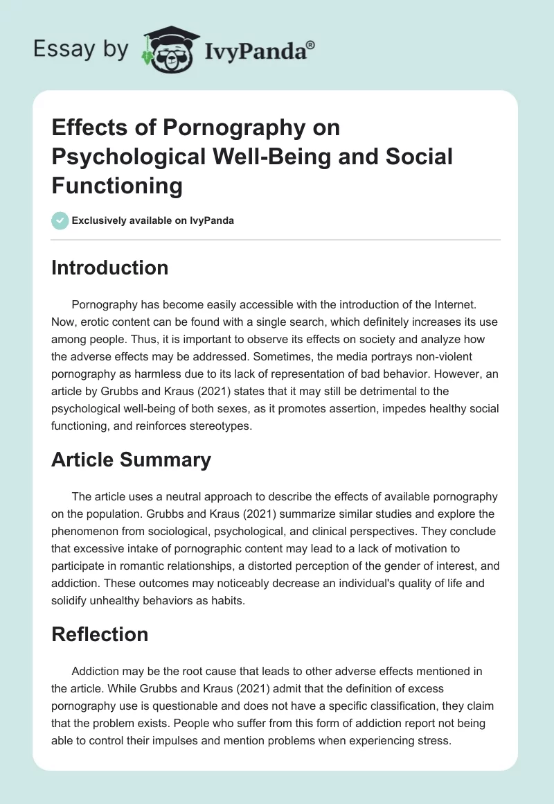Effects of Pornography on Psychological Well-Being and Social Functioning. Page 1