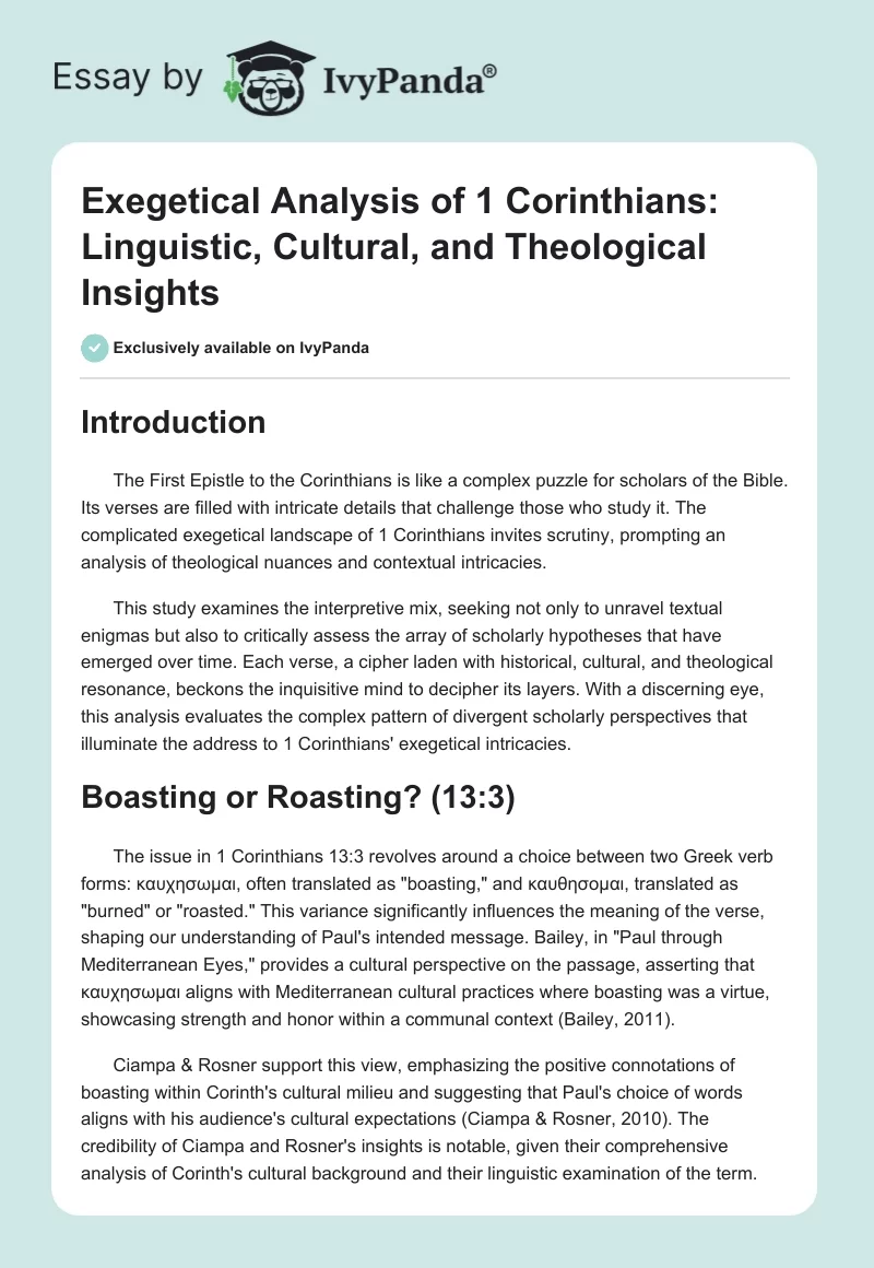 Exegetical Analysis of 1 Corinthians: Linguistic, Cultural, and Theological Insights. Page 1