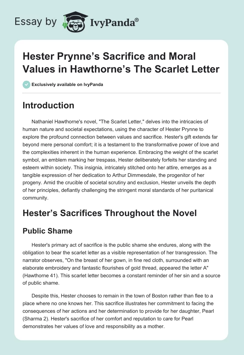 Hester Prynne’s Sacrifice and Moral Values in Hawthorne’s The Scarlet Letter. Page 1