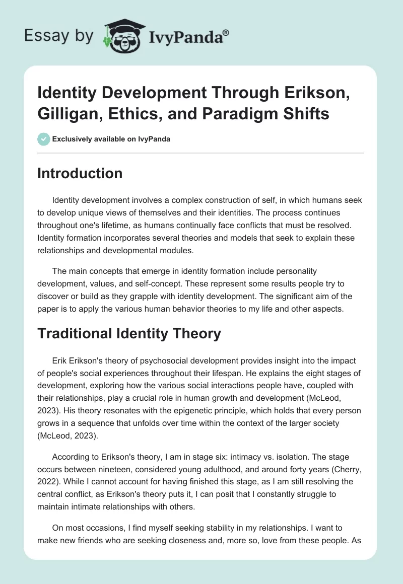 Identity Development Through Erikson, Gilligan, Ethics, and Paradigm Shifts. Page 1