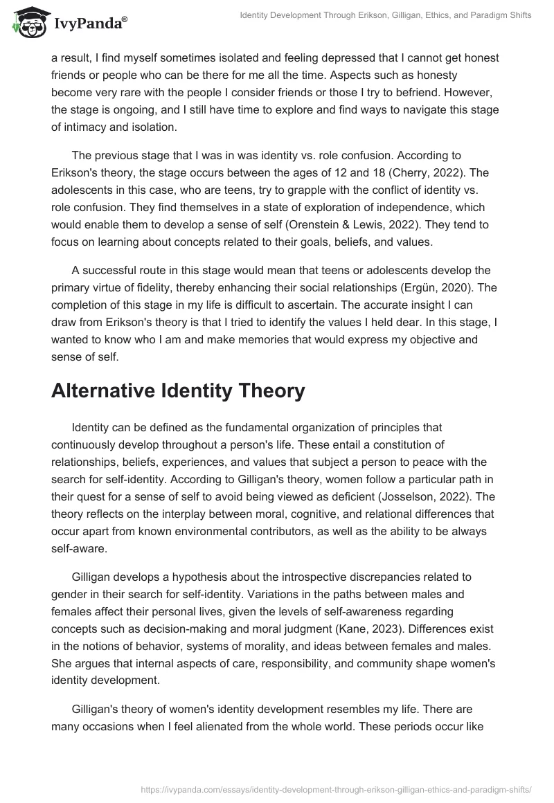 Identity Development Through Erikson, Gilligan, Ethics, and Paradigm Shifts. Page 2