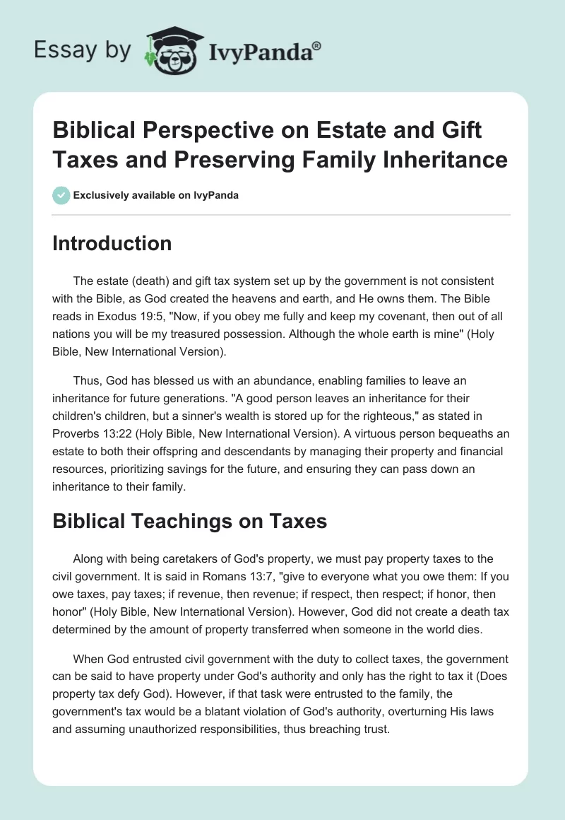 Biblical Perspective on Estate and Gift Taxes and Preserving Family Inheritance. Page 1