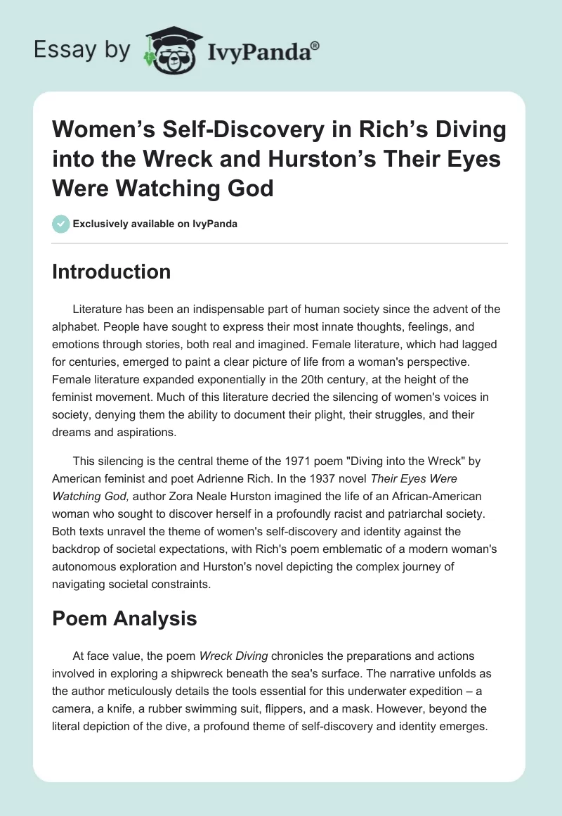 Women’s Self-Discovery in Rich’s Diving into the Wreck and Hurston’s Their Eyes Were Watching God. Page 1