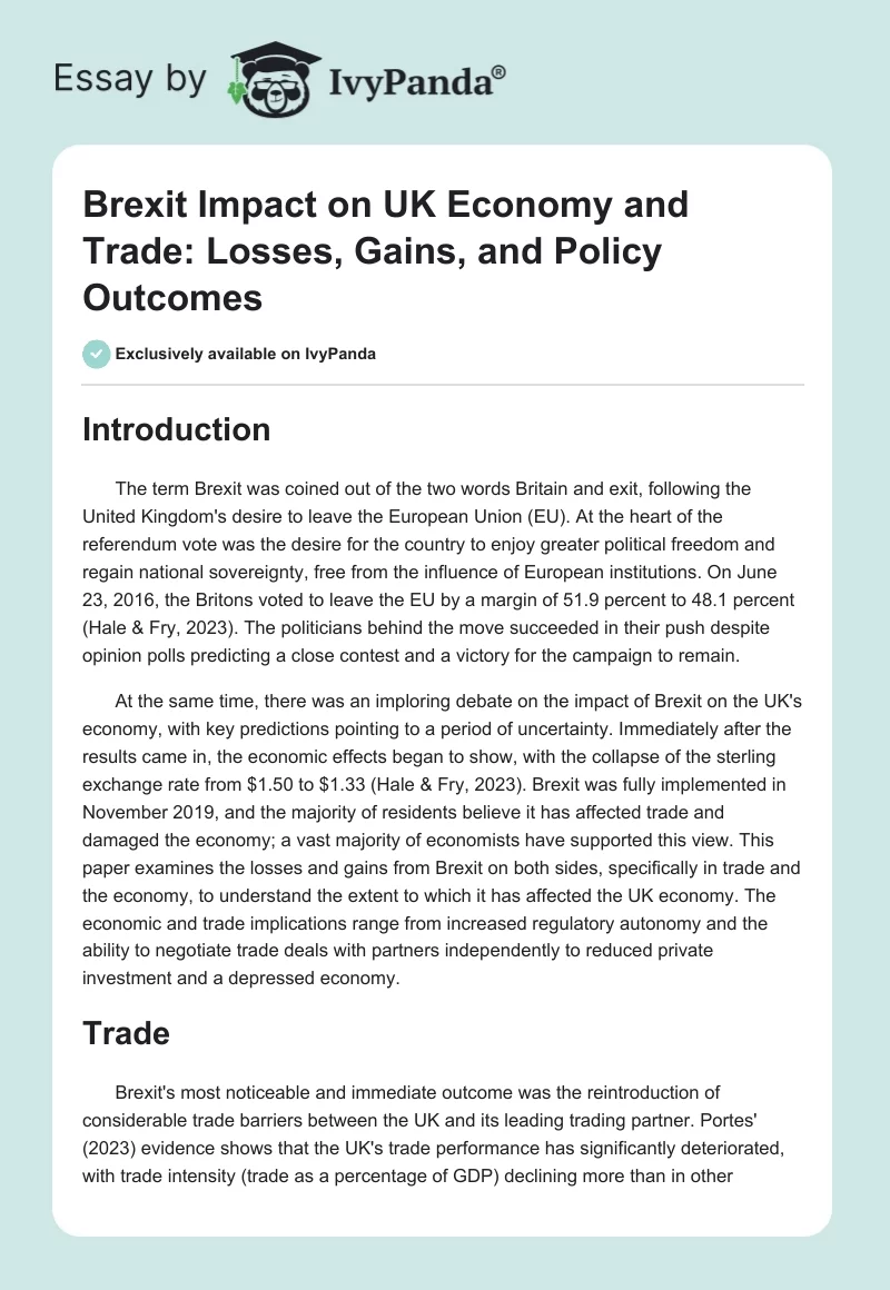 Brexit Impact on UK Economy and Trade: Losses, Gains, and Policy Outcomes. Page 1