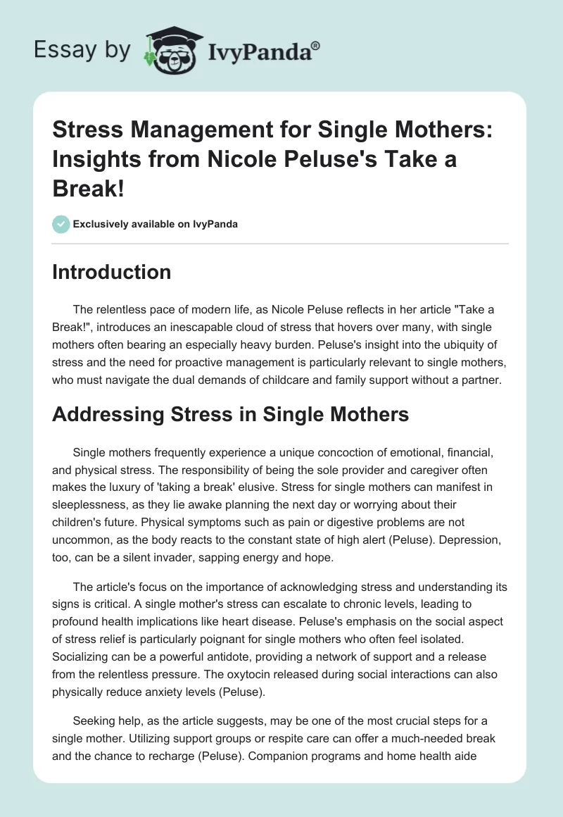 Stress Management for Single Mothers: Insights from Nicole Peluse's "Take a Break!". Page 1