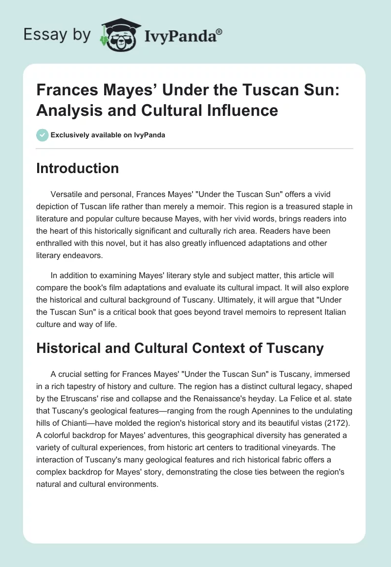 Frances Mayes’ Under the Tuscan Sun: Analysis and Cultural Influence. Page 1