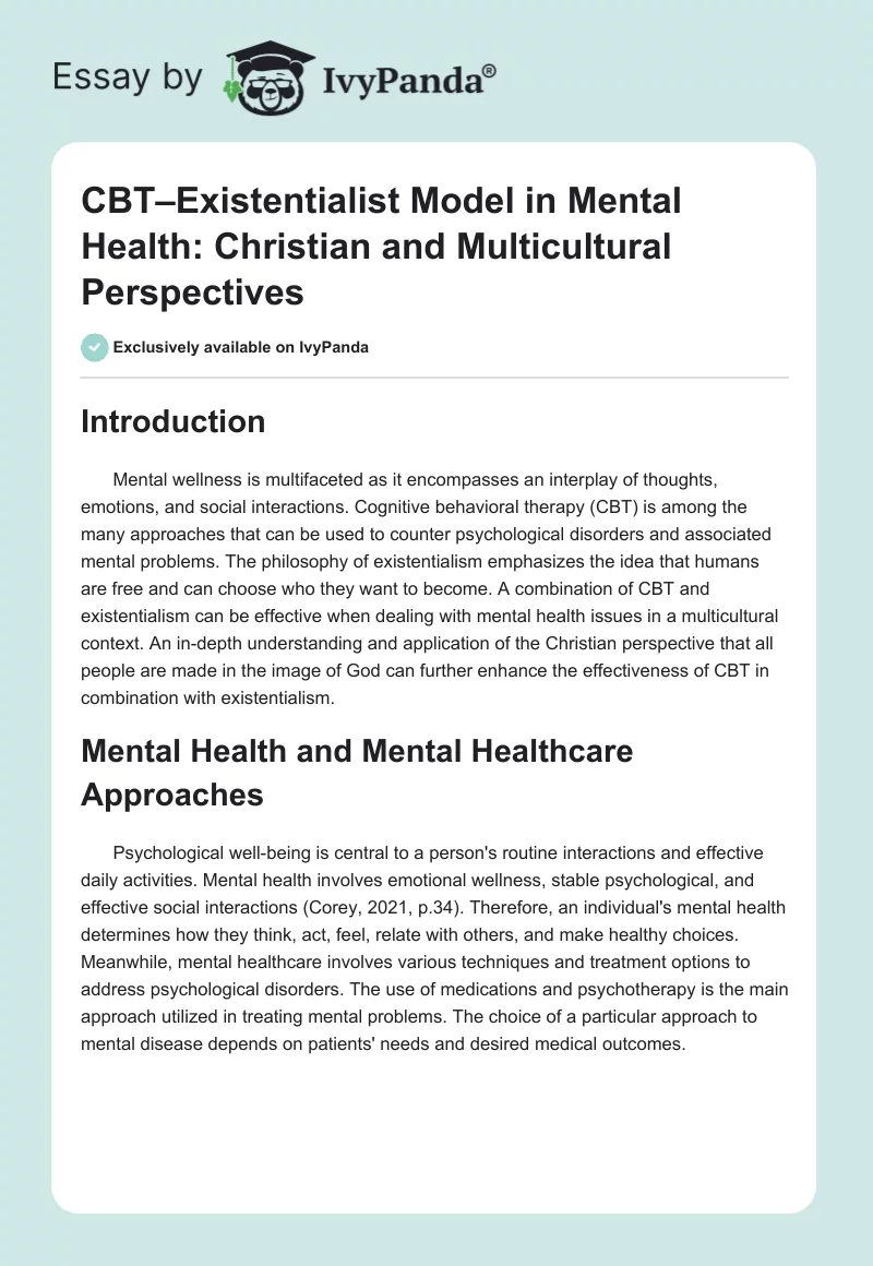 CBT–Existentialist Model in Mental Health: Christian and Multicultural Perspectives. Page 1