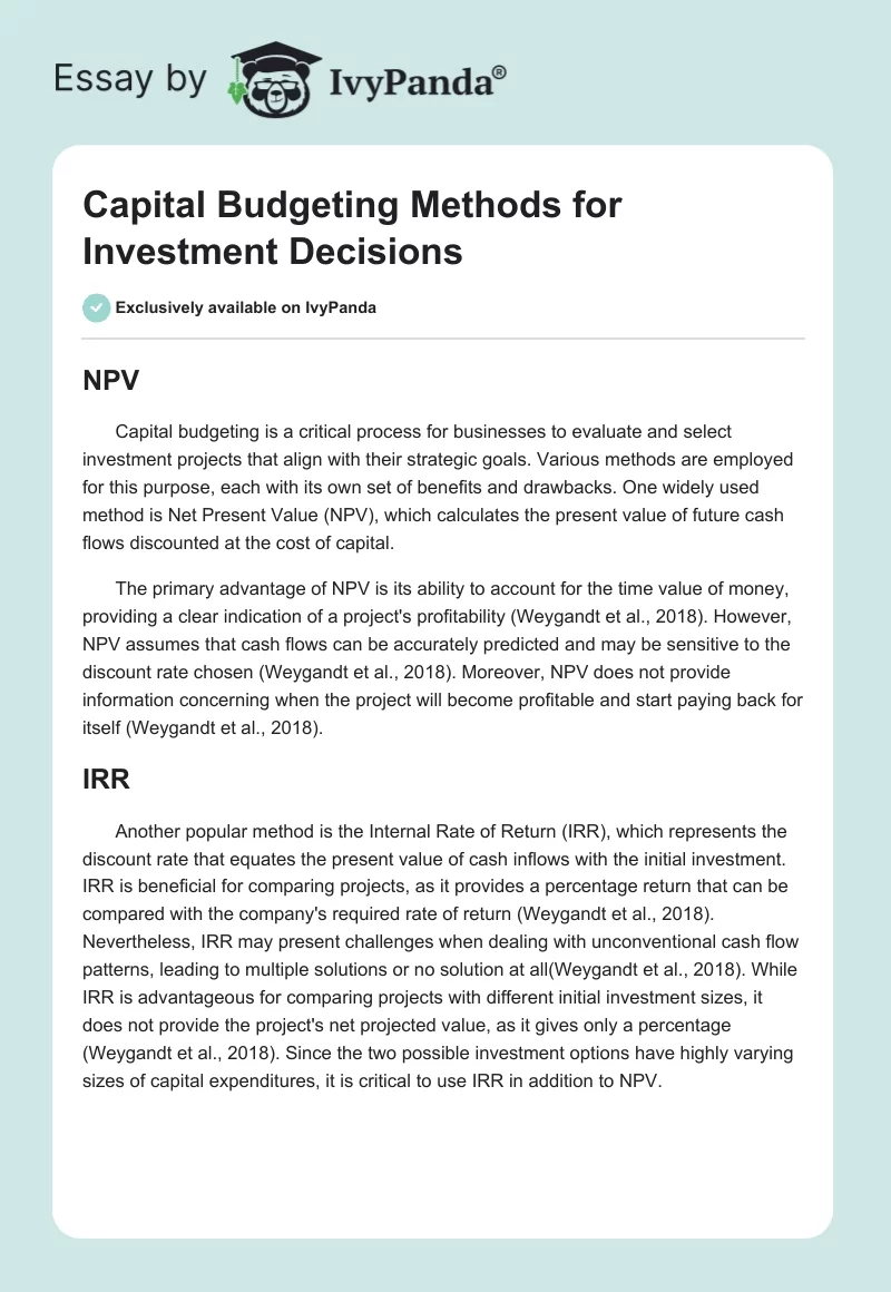 Capital Budgeting Methods for Investment Decisions. Page 1
