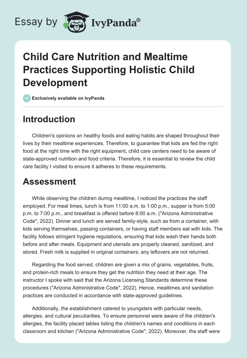 Child Care Nutrition and Mealtime Practices Supporting Holistic Child Development. Page 1