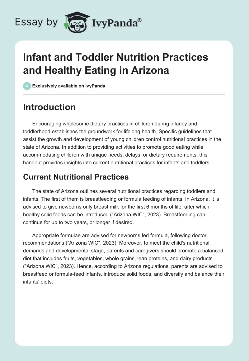 Infant and Toddler Nutrition Practices and Healthy Eating in Arizona. Page 1