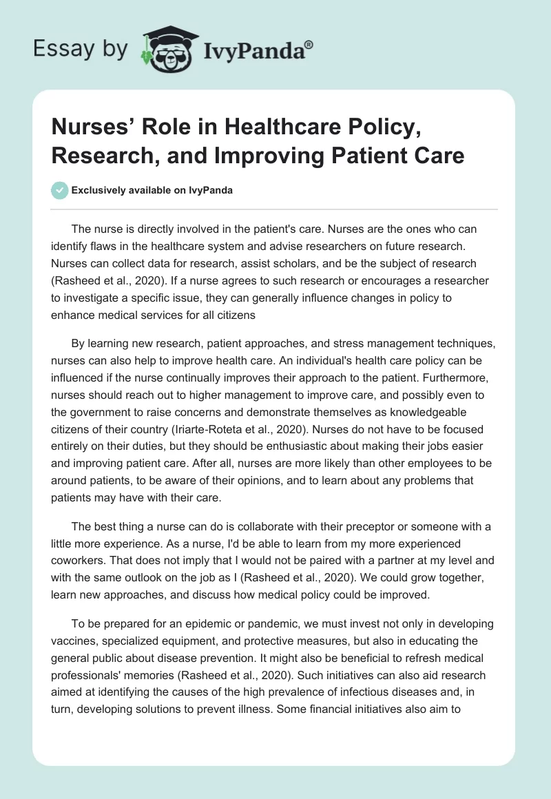 Nurses’ Role in Healthcare Policy, Research, and Improving Patient Care. Page 1