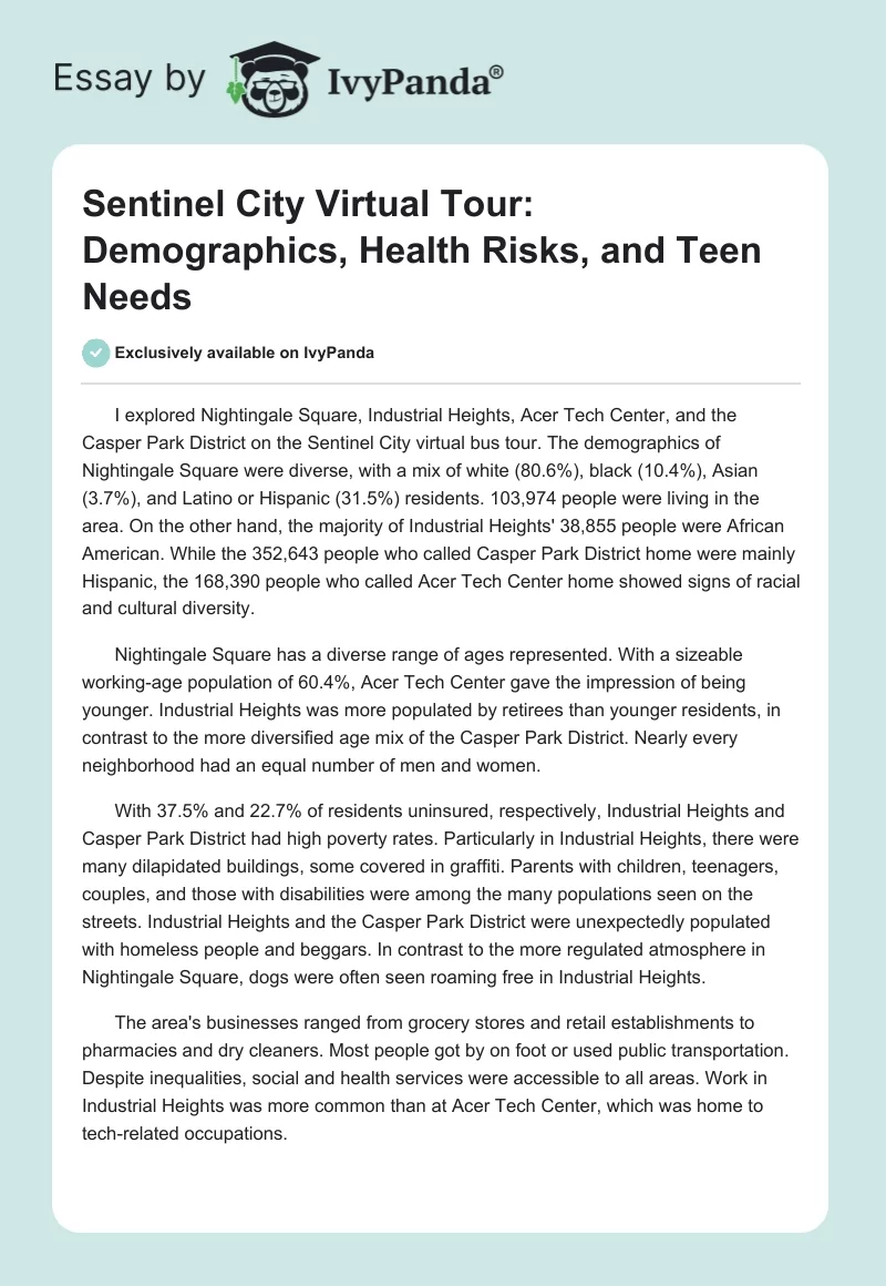 Sentinel City Virtual Tour: Demographics, Health Risks, and Teen Needs. Page 1