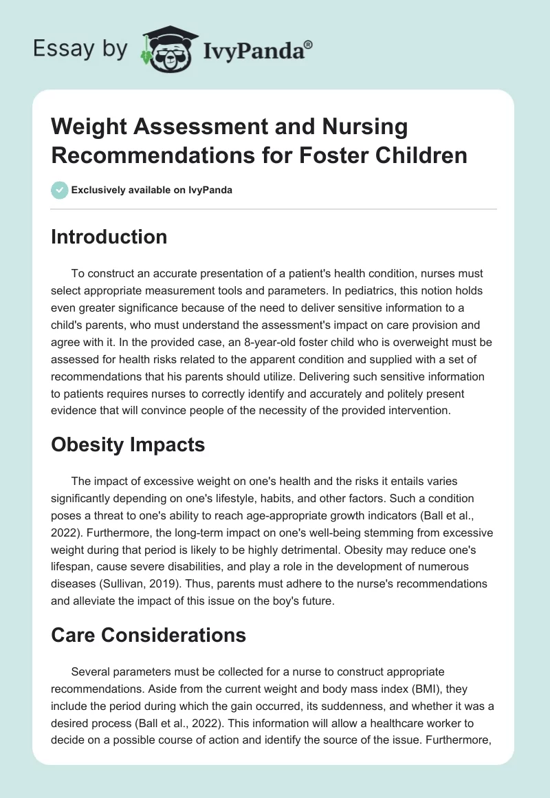 Weight Assessment and Nursing Recommendations for Foster Children. Page 1