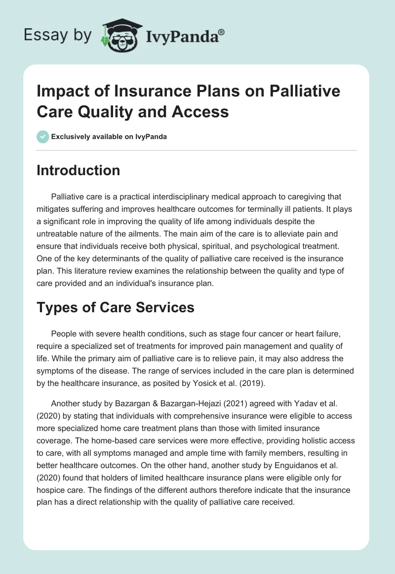 Impact of Insurance Plans on Palliative Care Quality and Access. Page 1