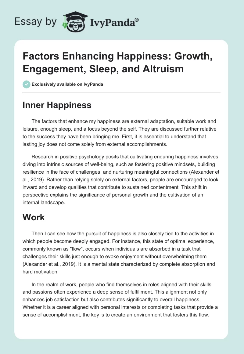 Factors Enhancing Happiness: Growth, Engagement, Sleep, and Altruism. Page 1