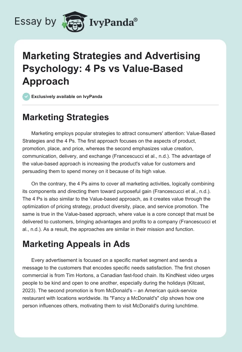 Marketing Strategies and Advertising Psychology: 4 Ps vs Value-Based Approach. Page 1