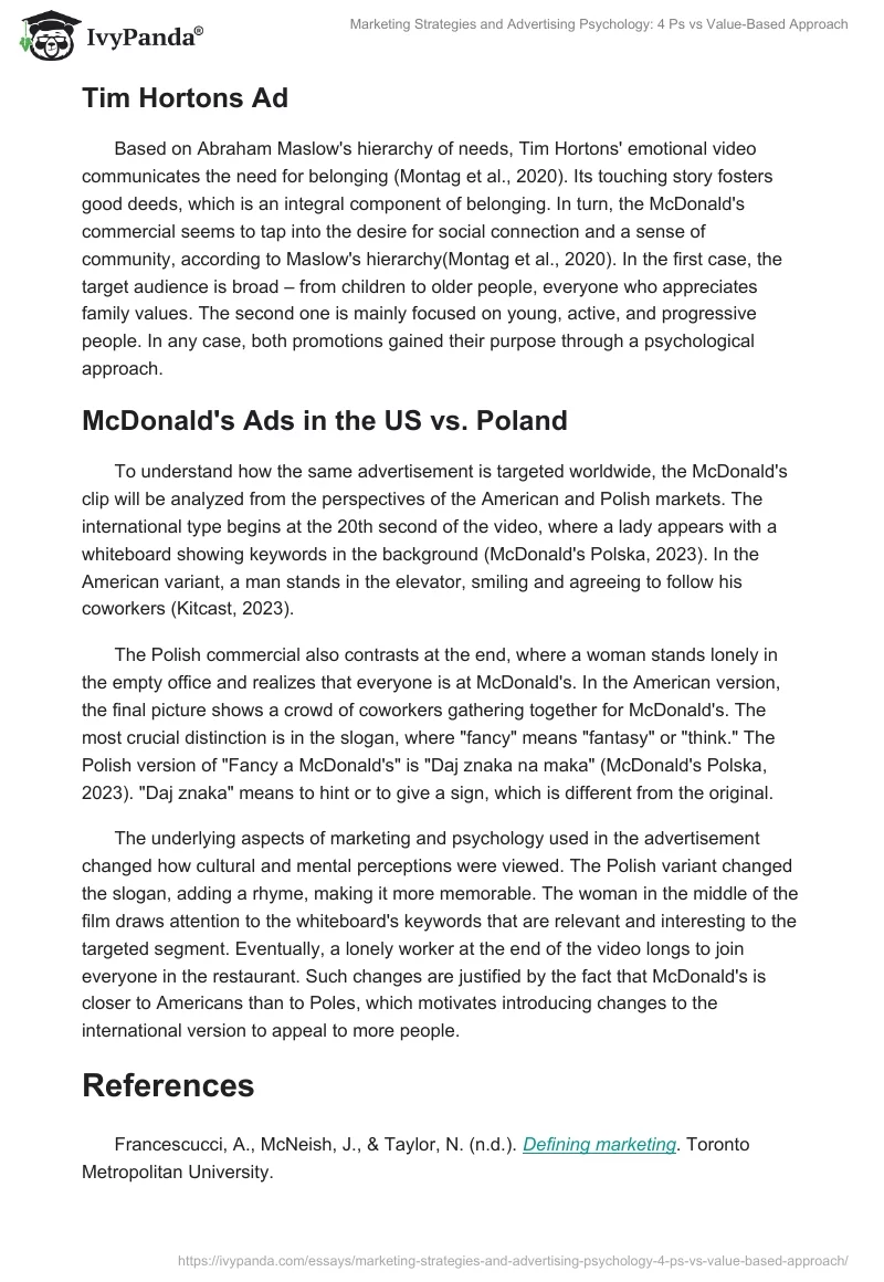 Marketing Strategies and Advertising Psychology: 4 Ps vs Value-Based Approach. Page 2