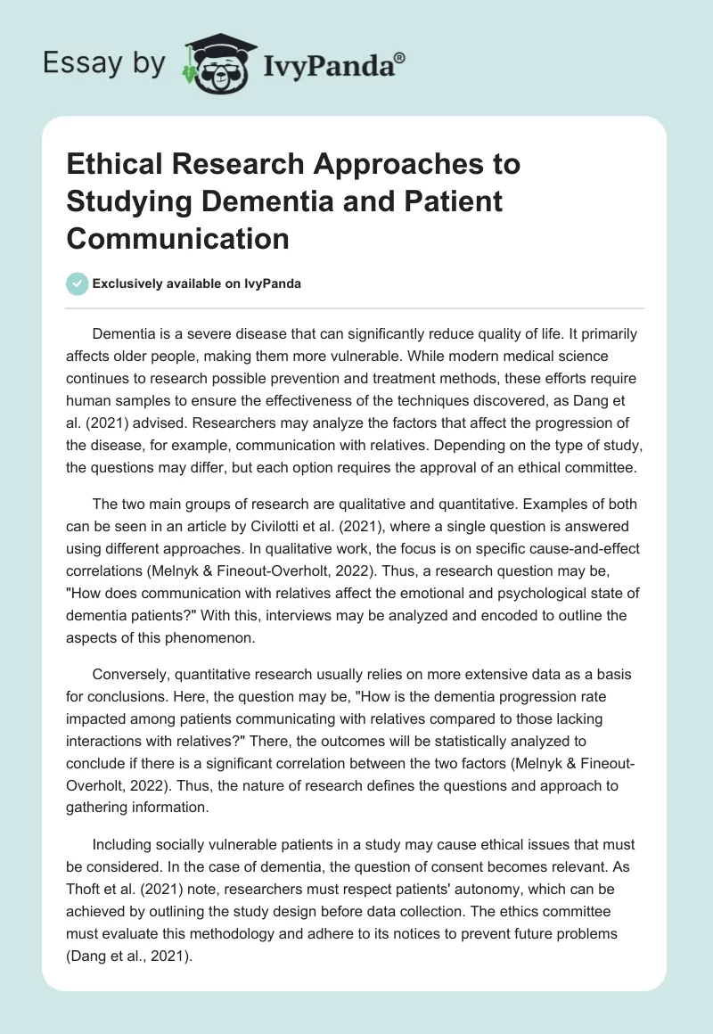 Ethical Research Approaches to Studying Dementia and Patient Communication. Page 1