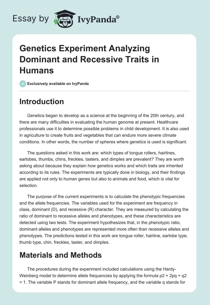 Genetics Experiment Analyzing Dominant and Recessive Traits in Humans. Page 1