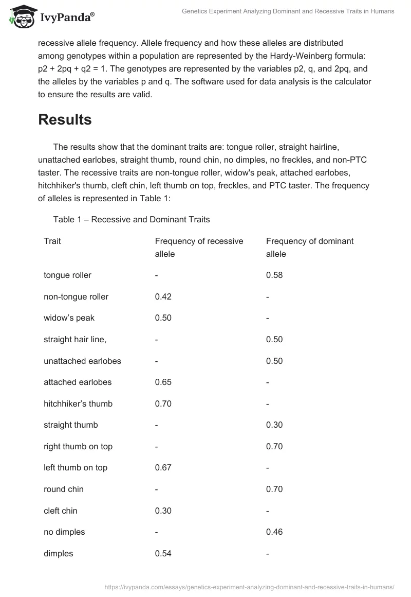 Genetics Experiment Analyzing Dominant and Recessive Traits in Humans. Page 2