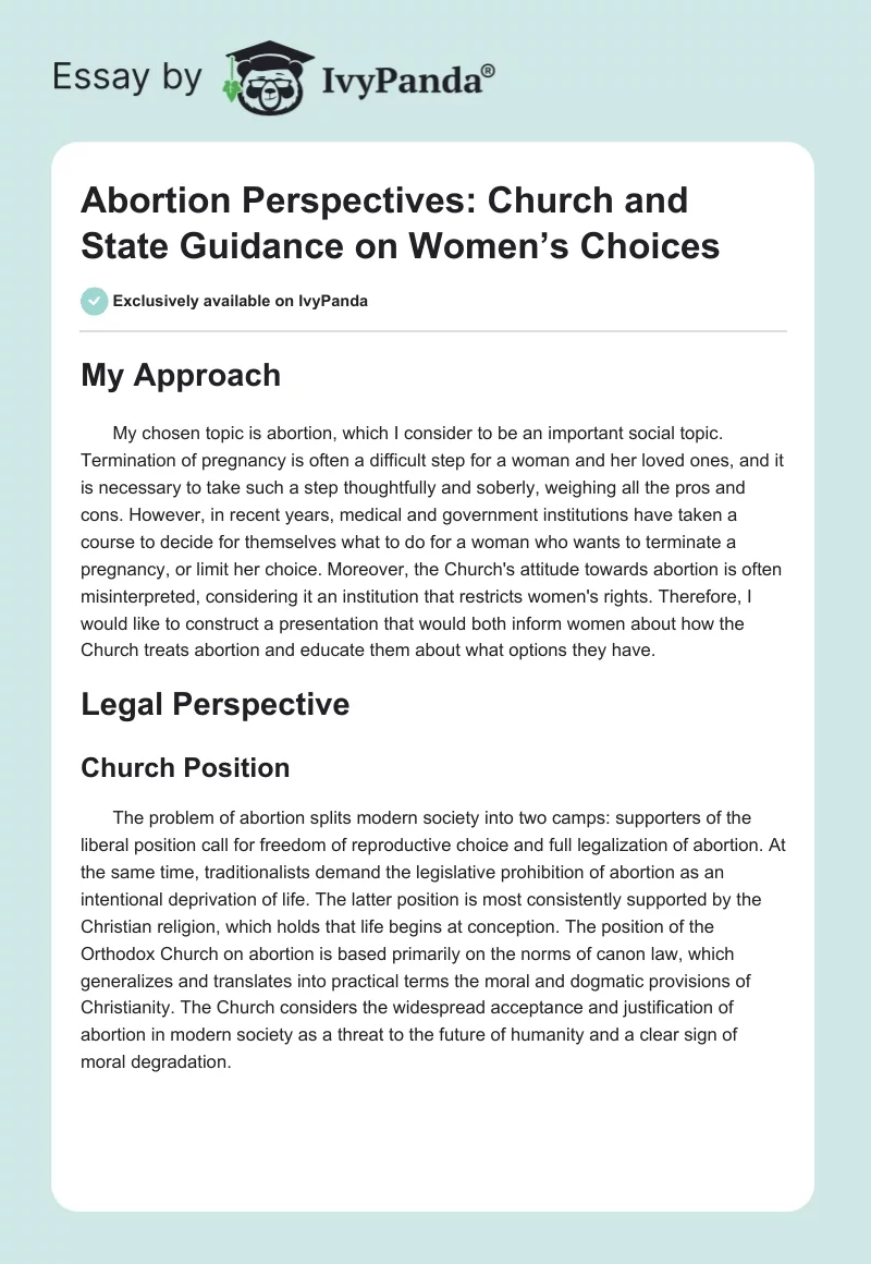 Abortion Perspectives: Church and State Guidance on Women’s Choices. Page 1