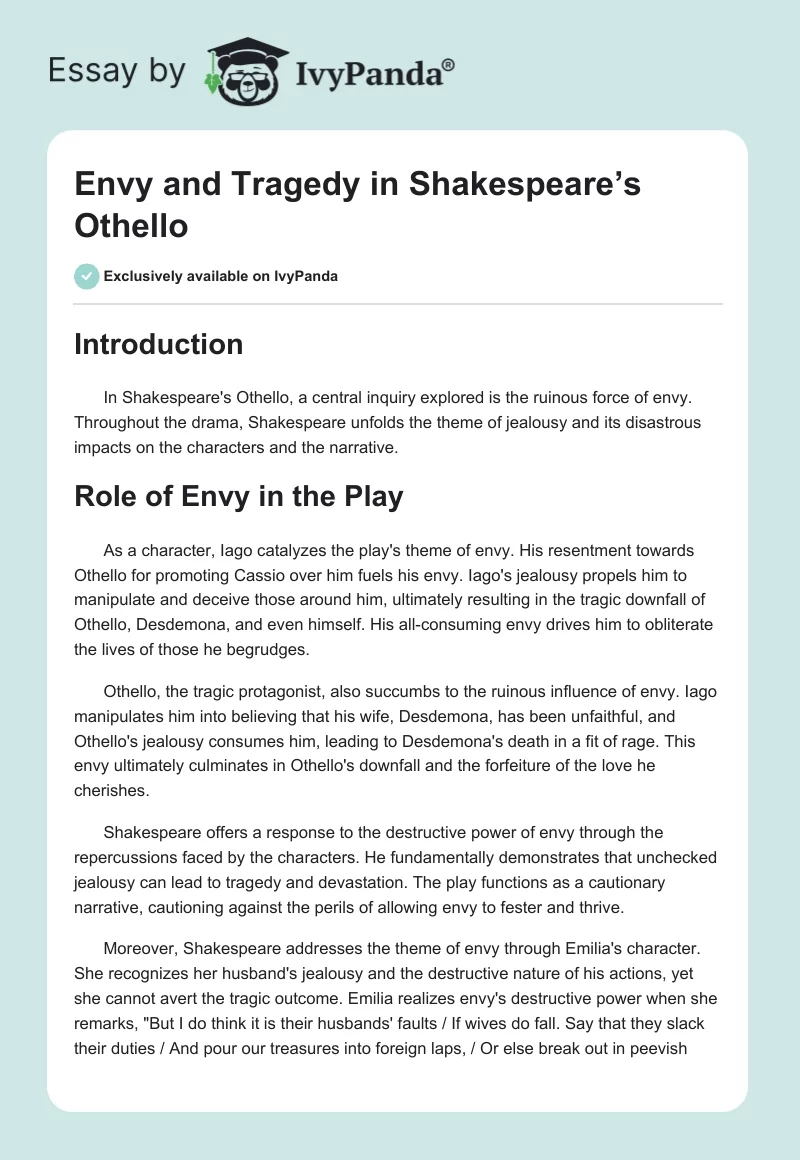 Envy and Tragedy in Shakespeare’s Othello. Page 1